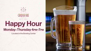 web banner for Crossfire Bar & Grill Happy Hour daily from 4pm-7pm