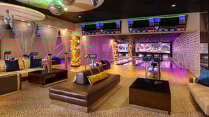 Kingpin VIP Lanes & Lounge: View of lanes with settees.