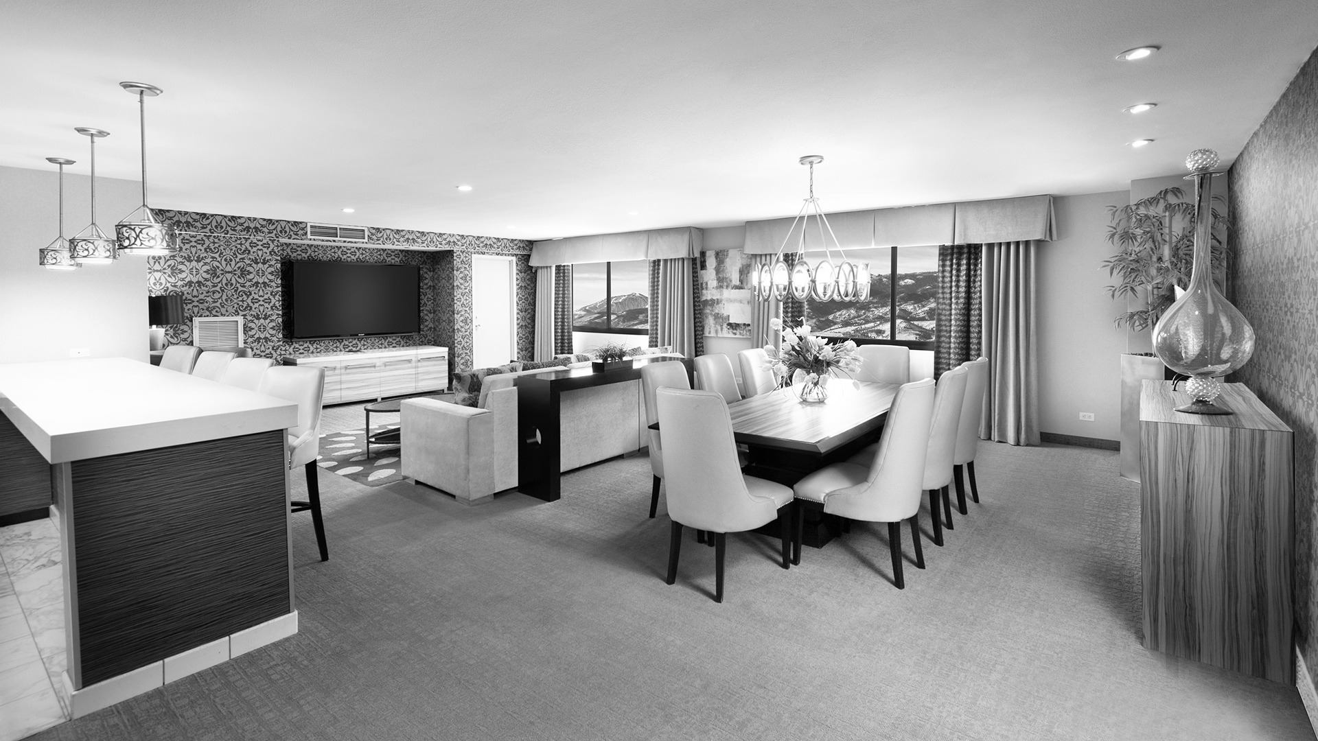 Diplomat Suite View of Living Room Grayscale